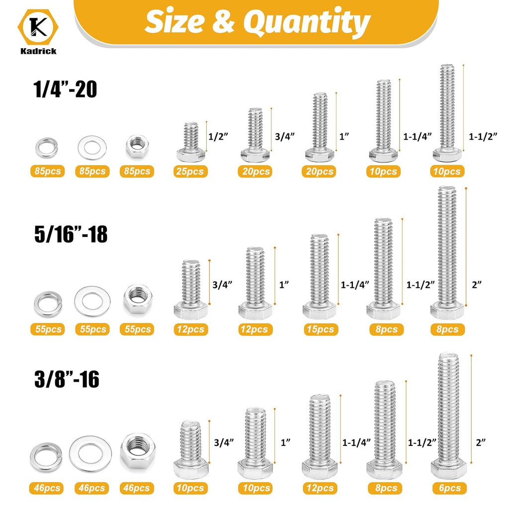 744PCS Stainless Steel Hex Bolt Kit,Size SAE 1/4-20 5/16-18 3/8-16