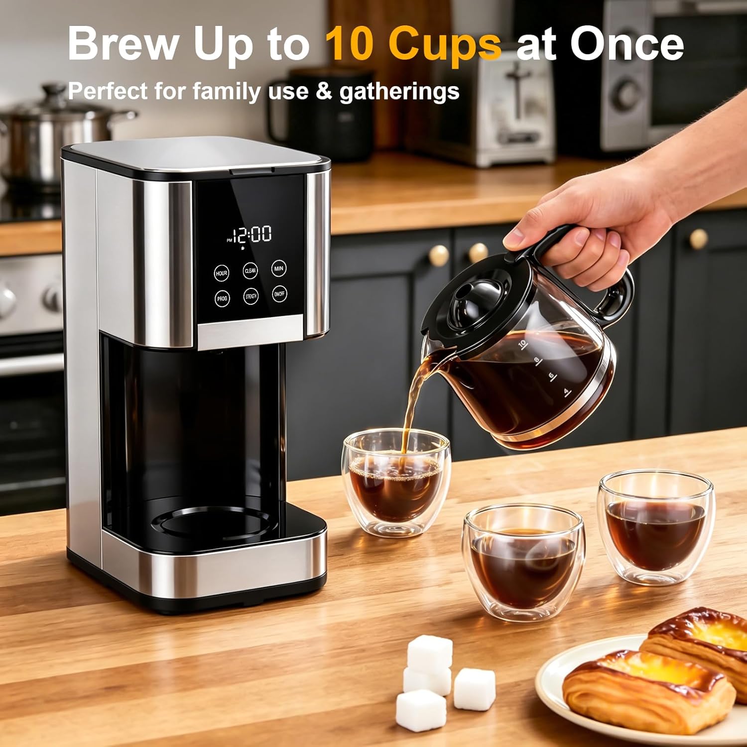 10 Cup Programmable Drip Coffee Maker, Adjustable Brew Strength, Pause & Serve, Heat Resistant Glass Carafe