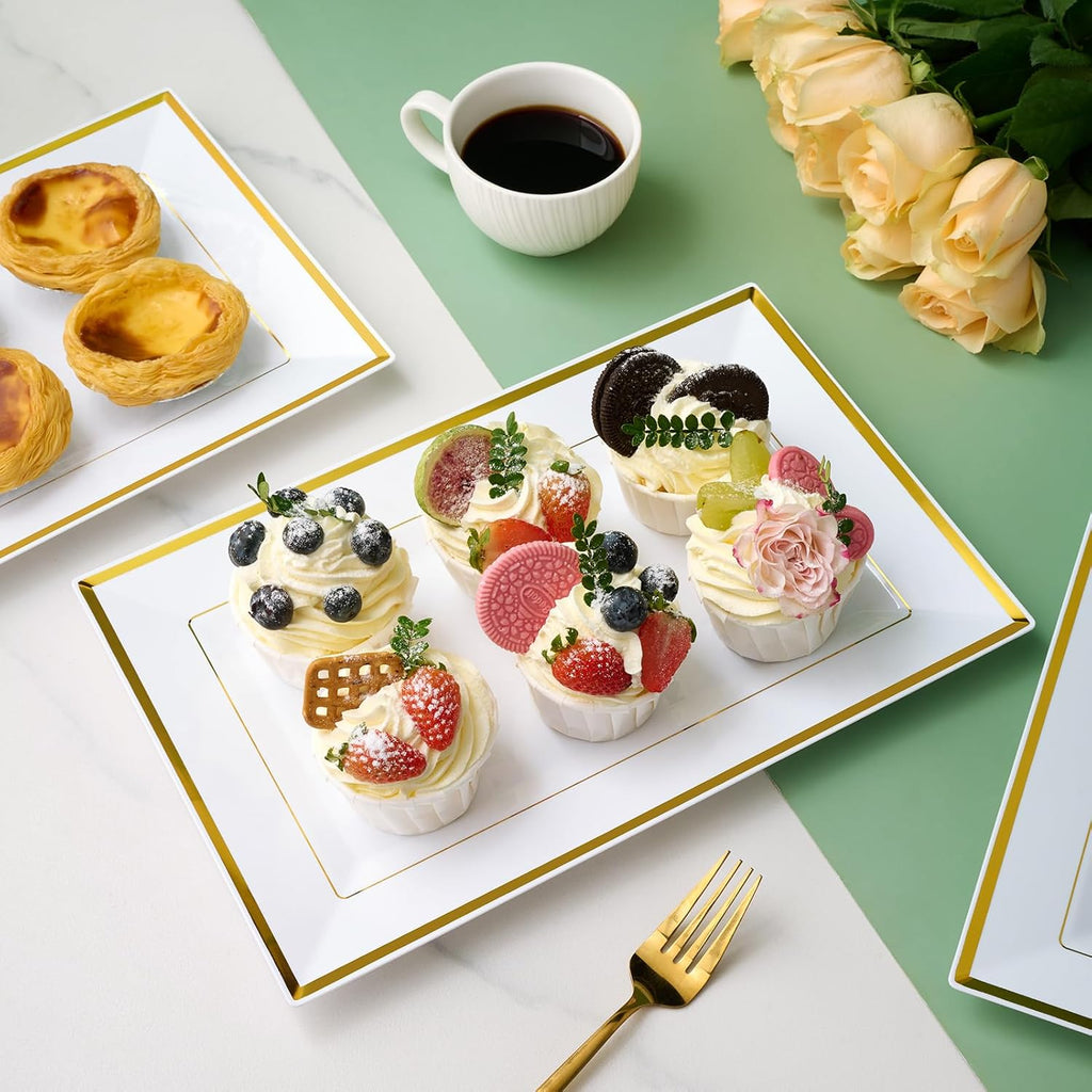 8 PCS Plastic Serving Trays for Party, White Gold Rim Platters