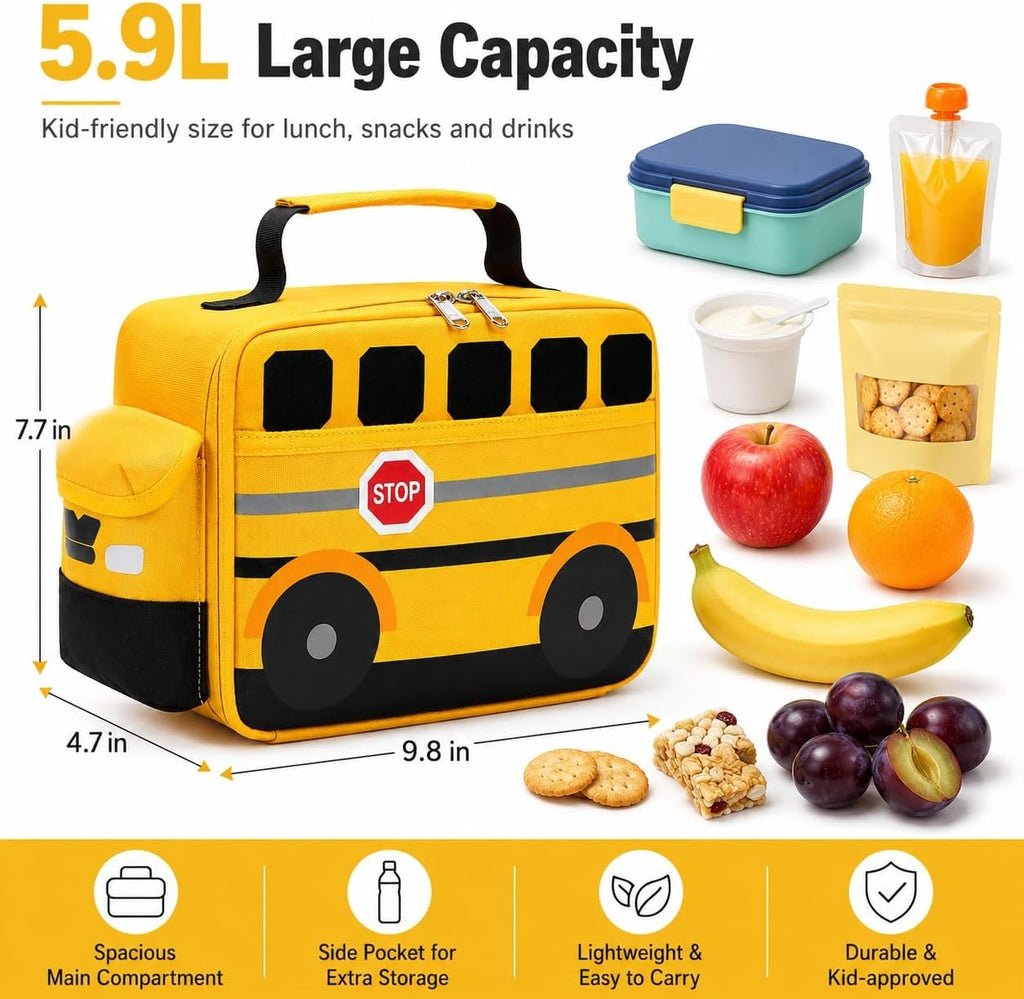 3D School Bus Lunch Box for Kids, Insulated Toddler Lunch Bag for Boys, Preschool, Daycare and Kindergarten, Reusable