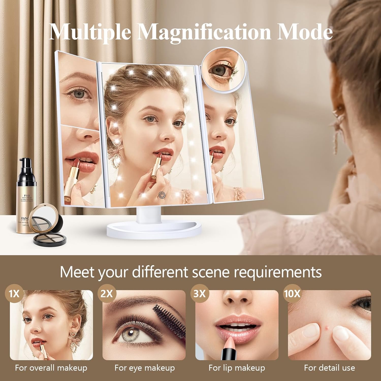 Makeup Mirror, Vanity Mirror with Lights, 2X/3X/10X Magnification, Touch Control, Trifold, Dual Power Supply