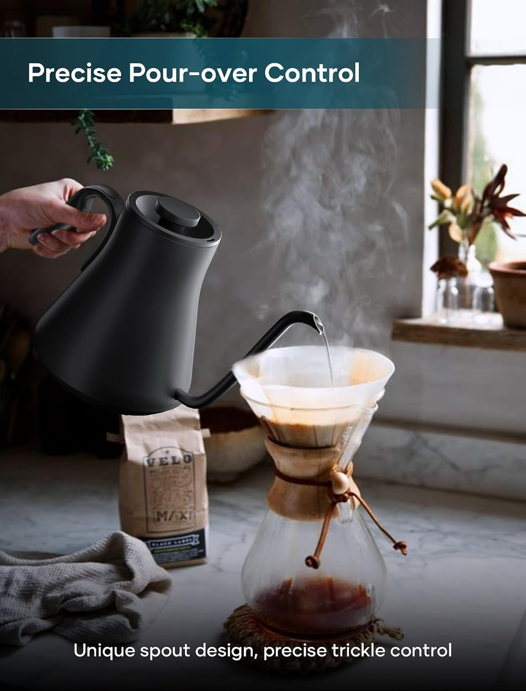 Gooseneck Electric Kettle with 1℉ Temperature Control, 0.9 Liter | Fast Heating, Stainless Steel Interior, for Pour