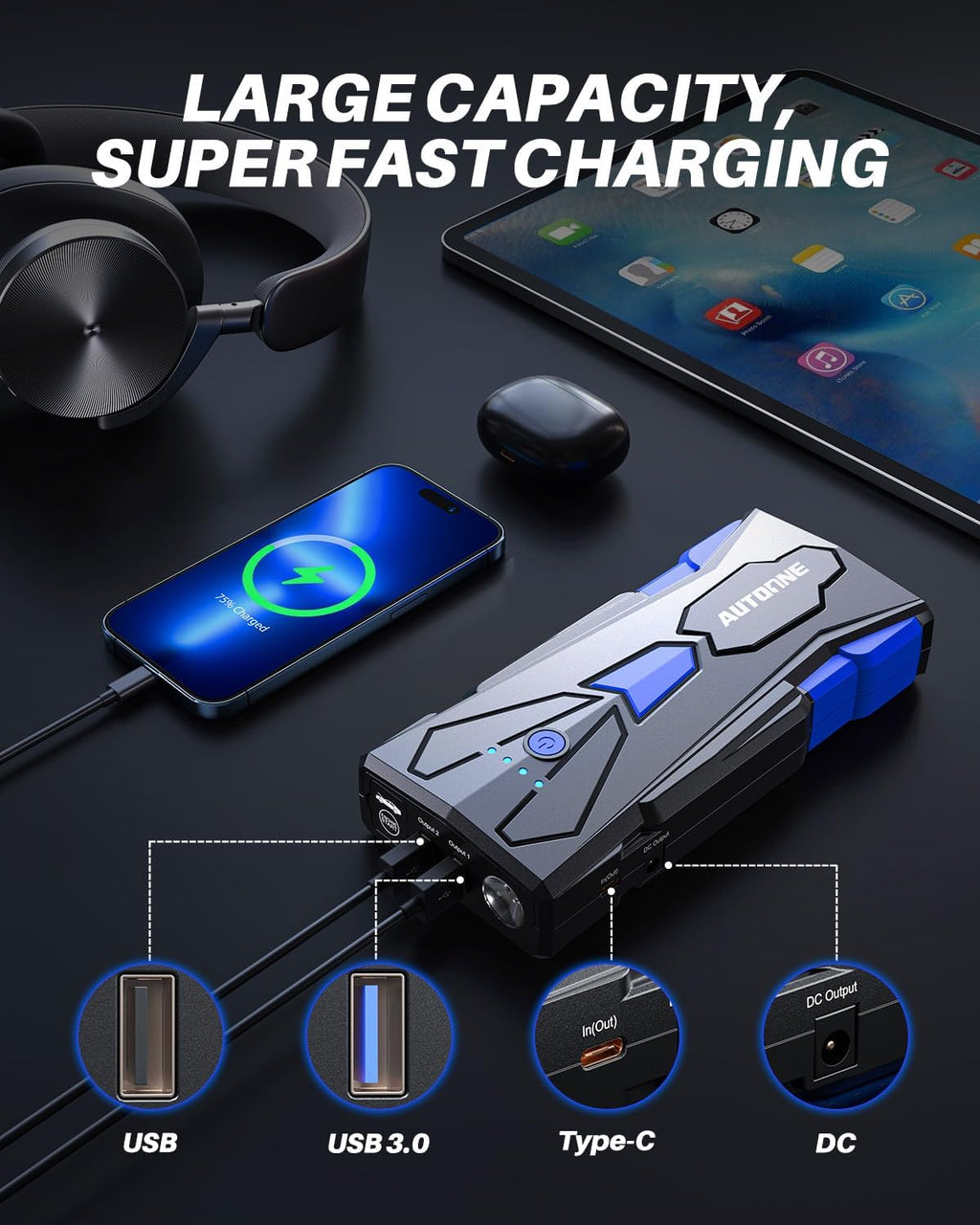 6000A Car Battery Jump Starter Up to All Gas & 12L Diesel Engine, Car Battery Jumper Starter Portable 12V Jump Box