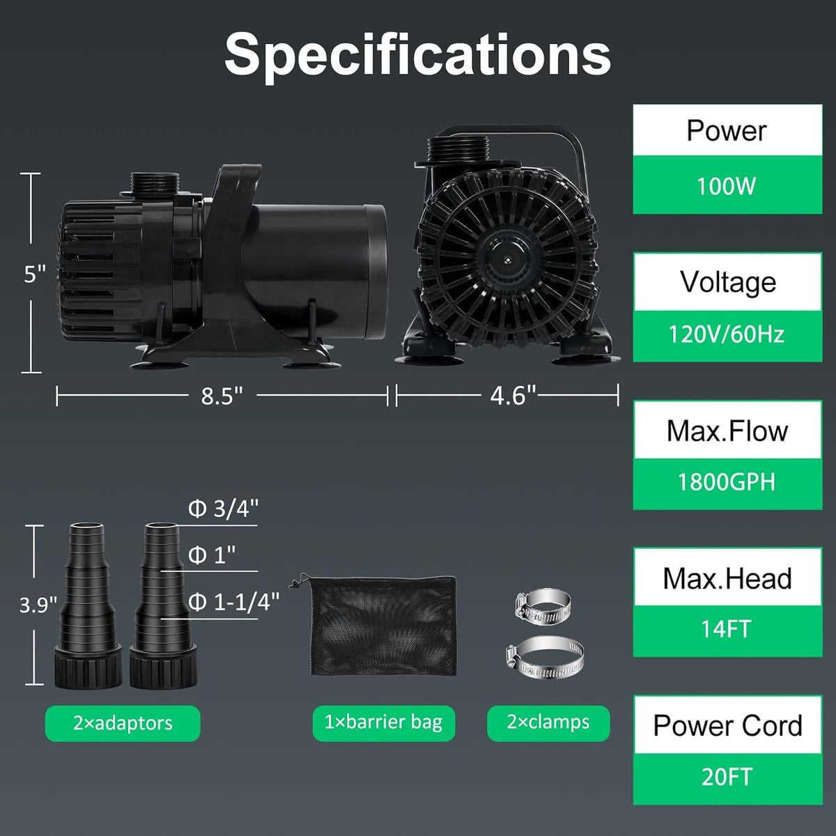 1800 GPH Pond Pump, 100W for Fish Ponds, Fountains & Waterfalls