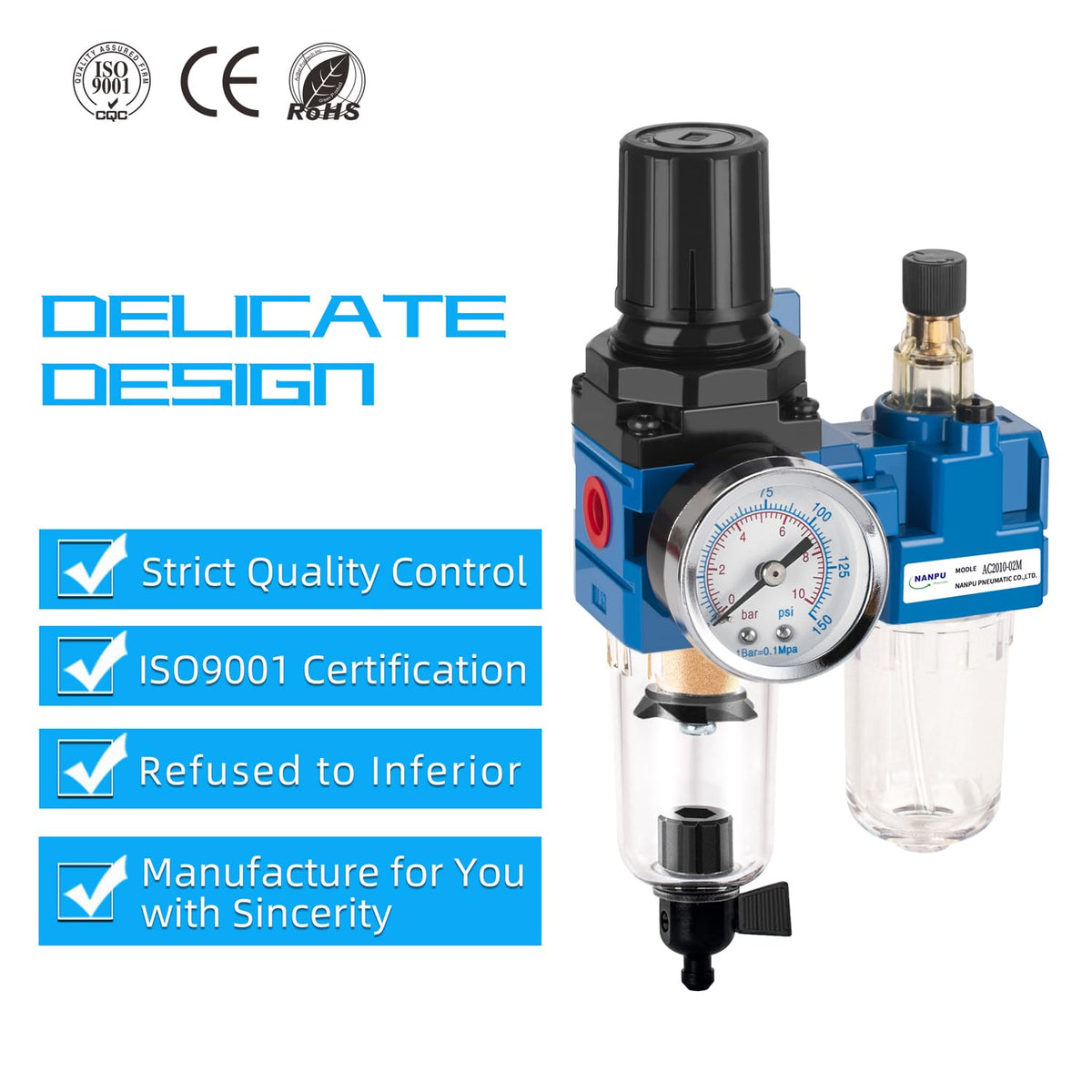 NANPU 1/4" NPT Air Filter Regulator Lubricator Combo, Manual Drain