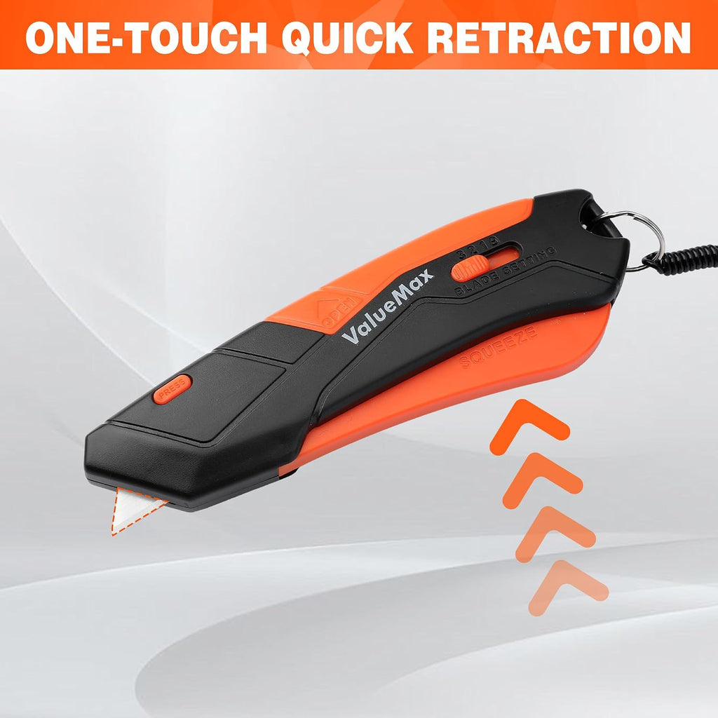 4-Pack Box Cutter Knife, Cardboard Cutter with Self-Retracting 3-Position Locking Blade, Safety Sheath, Lanyard