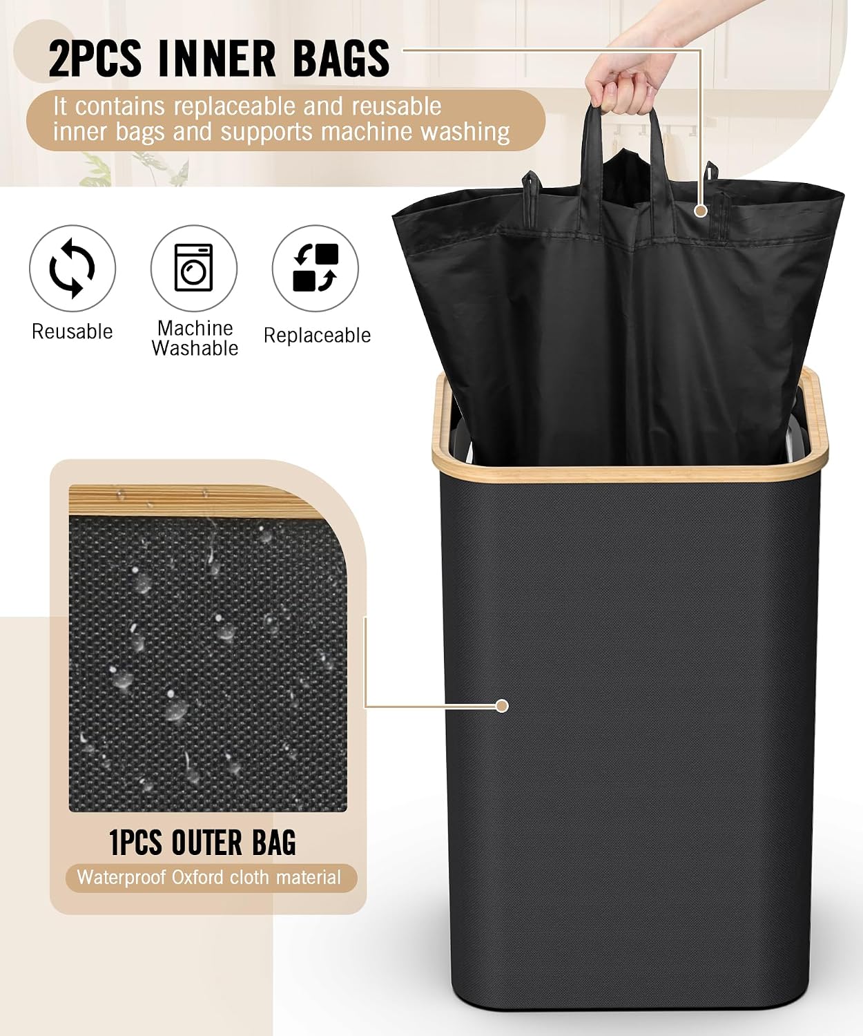26 Gallon (100L) Recycling Bins for Kitchen with Bamboo lid, Black | with 2pcs Removeable and Reusable Inner Bags