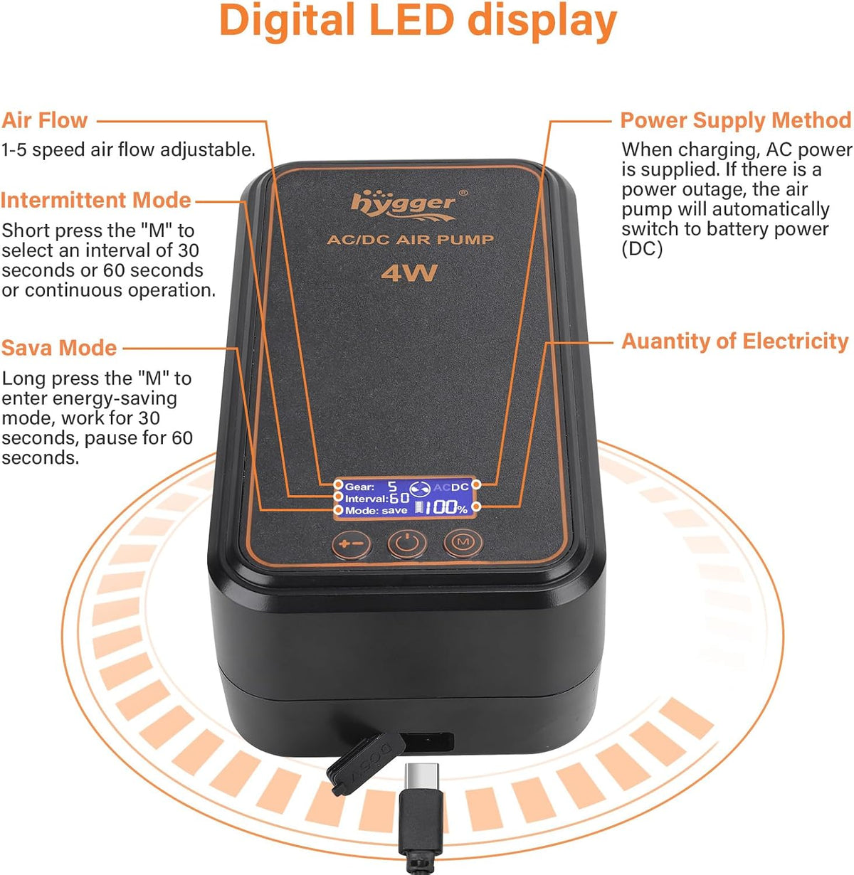 Aquarium Air Pump, Rechargeable Portable Oxygen Pump with Single/Dual Outlets, Ultra Quiet Battery Powered Air