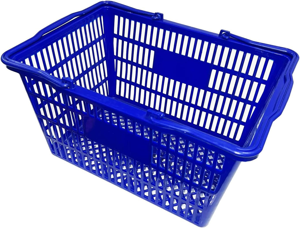 Stackable Plastic Shopping Baskets, Red and Blue, Easy-Grip Handles for Grocery, Retail, Liquor Stores, Home Use