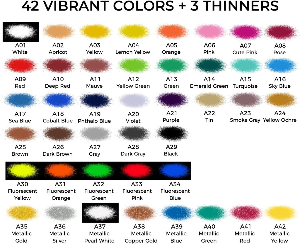 Airbrush Paint, ARTME 42 Colors with 3 Thinner, Ready to Spray, Opaque & Water Based Acrylic Airbrush Paint Set