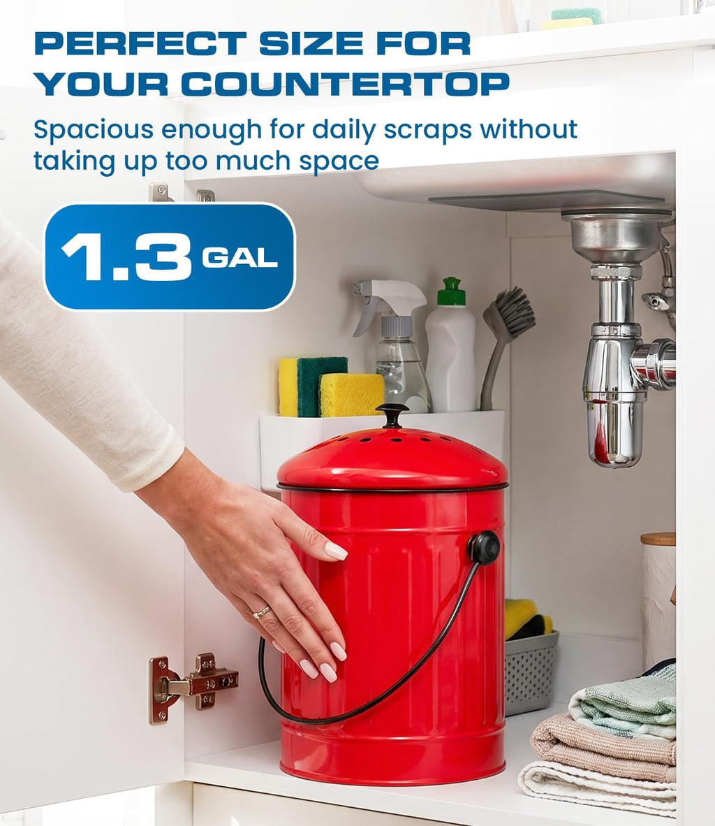 Countertop Compost Bin Kitchen with Lid, Red 1.5 Gallon Odorless Compost Container, Steel Food Compost Bucket for