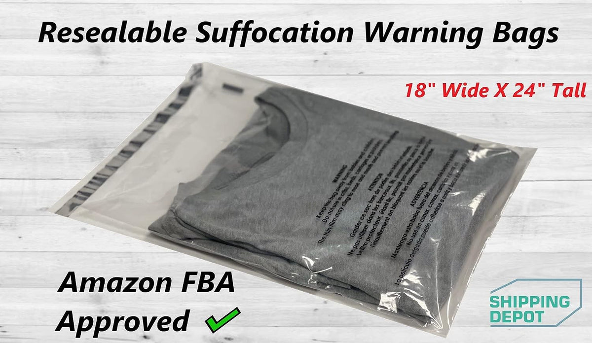 Self-Sealing Suffocation Warning Poly Bags 18x24 Inches | Clear Packaging Bags with Adhesive Strip | Ideal for FBA