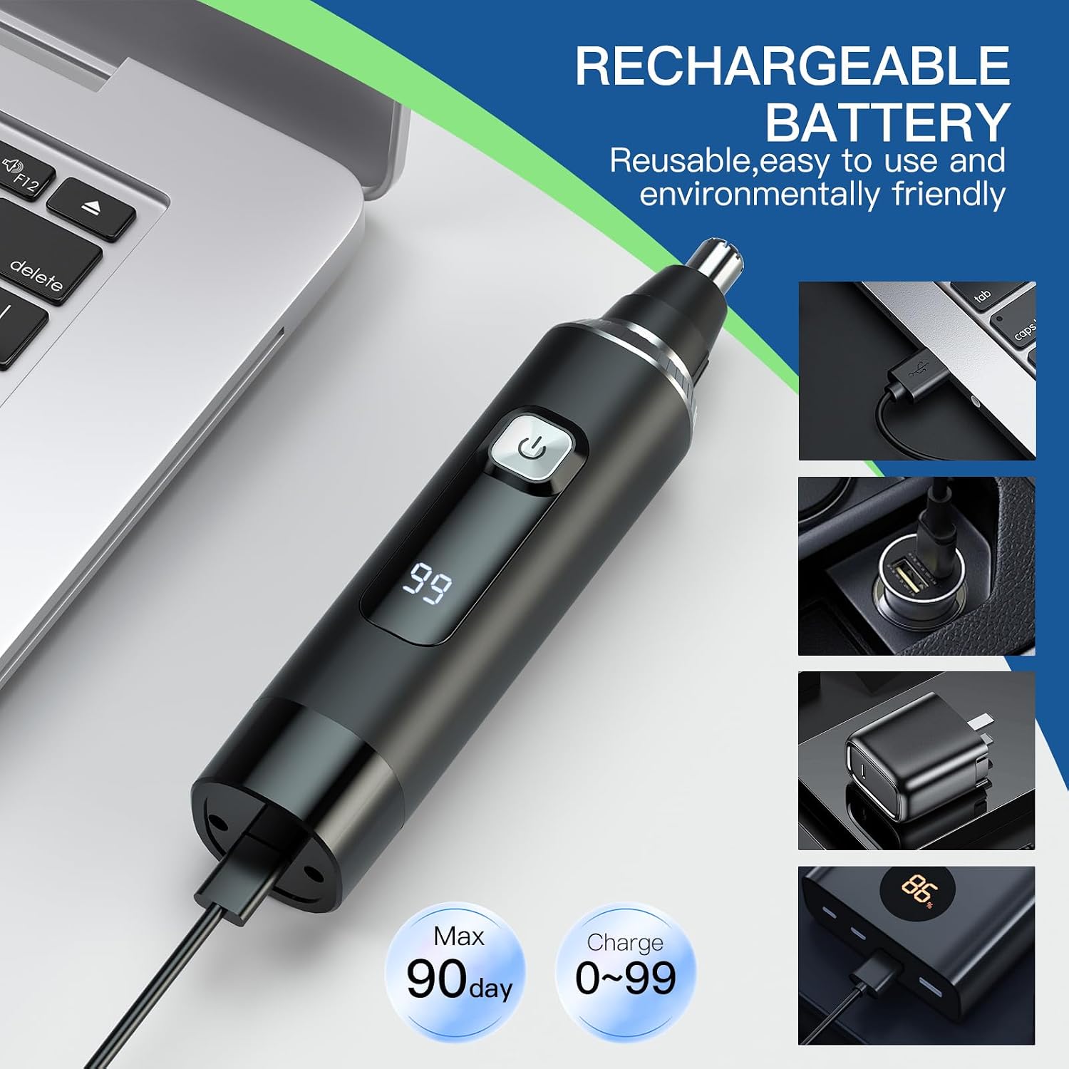 Nose Hair Trimmer for Men, 2-in-1 Rechargeable Ear and Nose Hair Trimmer with LED Display, IPX7 Waterproof Painless