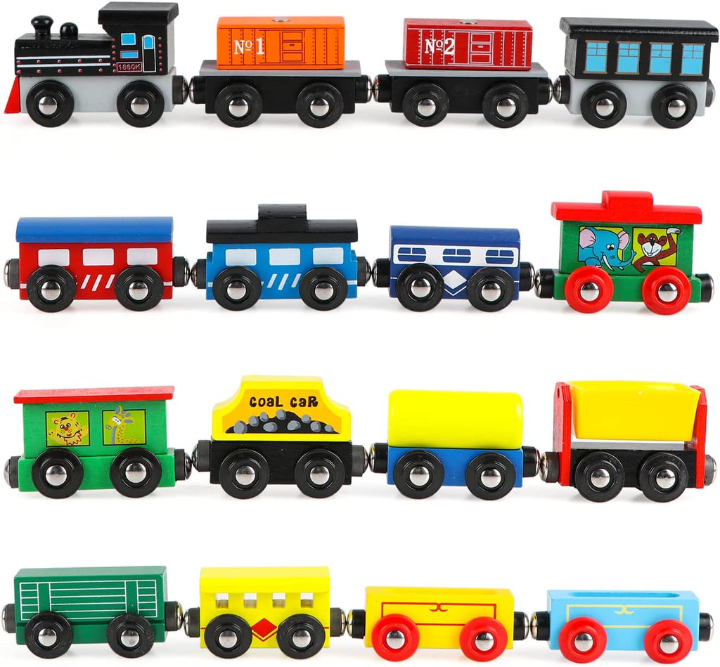 Wooden Train Set 16 PCS Train Toys Magnetic Set Includes Storage Bag - Wooden Track Accessories - Wooden Magnetic Car