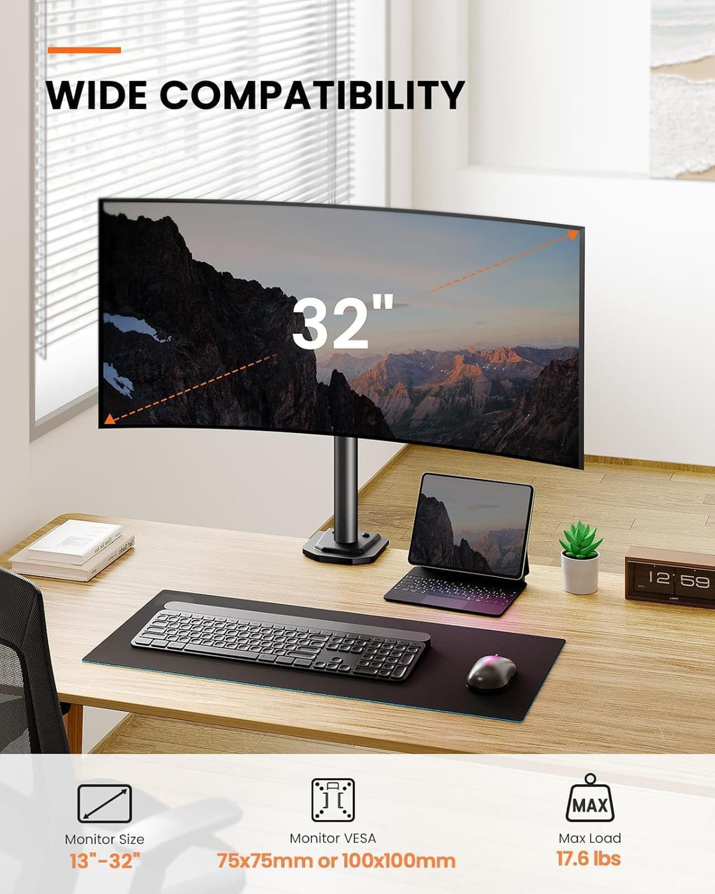 Single Monitor Mount for 13-32 Inch Screens,17.6 lbs Capacity | Steel pole design,tilt, swivel, rotation,cable