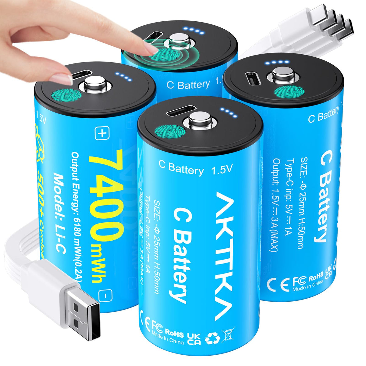 Rechargeable C Batteries 4 Pack 7400mWh Lithium LR14 500+ Cycles