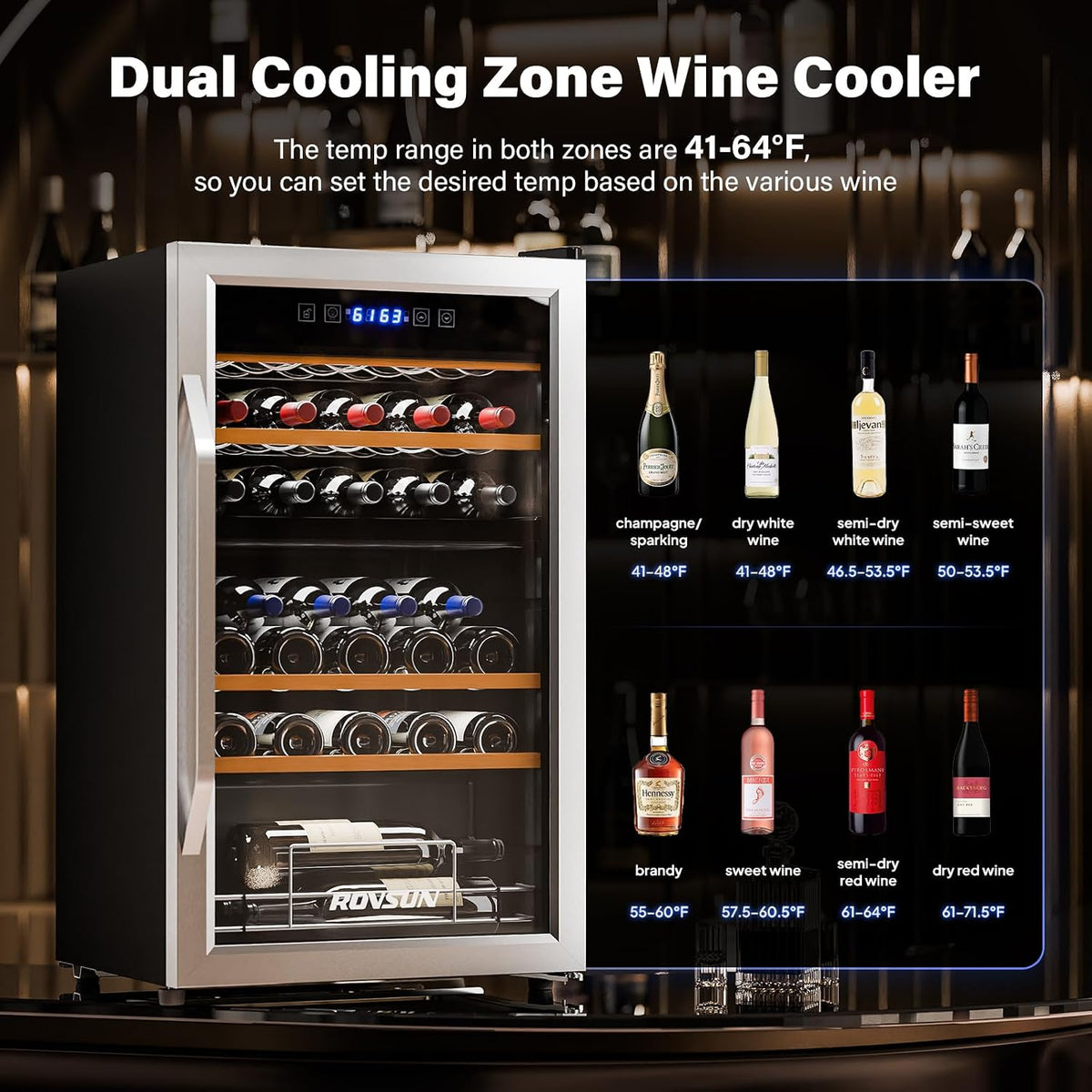 33 Bottle Wine Fridge, Dual Zone Wine and Beverage Refrigerator with Independent Temp Control & LED Control Panel