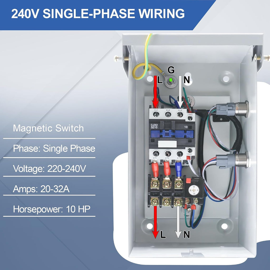 10 Hp 1-Phase Magnetic Motor Starter, 220-240 Volt 20-32 Amp