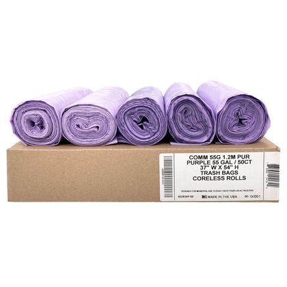 55 Gal Purple Trash Bags, 1.5 MIL (EQ.), 37" x 54" (50 Pack)