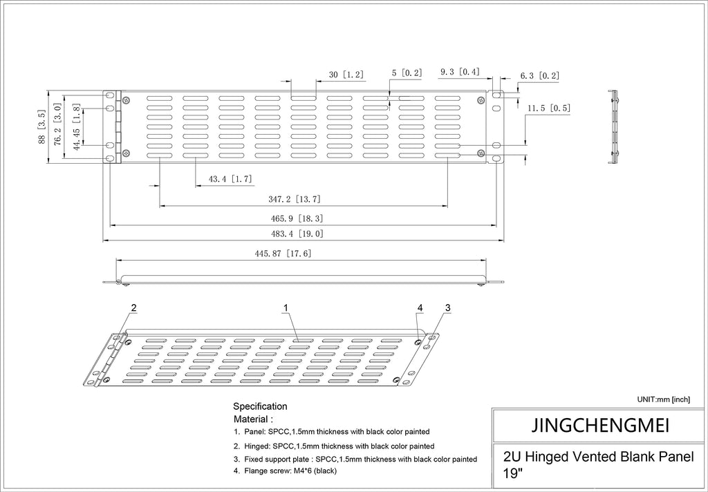 2U Hinged Blank Panel - Slot Vented Server Rack Panel