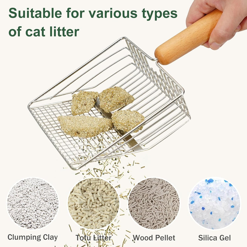 Cat Litter Scoop with Holder, Heavy Duty Litter Sifter, Stainless Steel Litter Shovel, Litter Scooper with Beech Wood