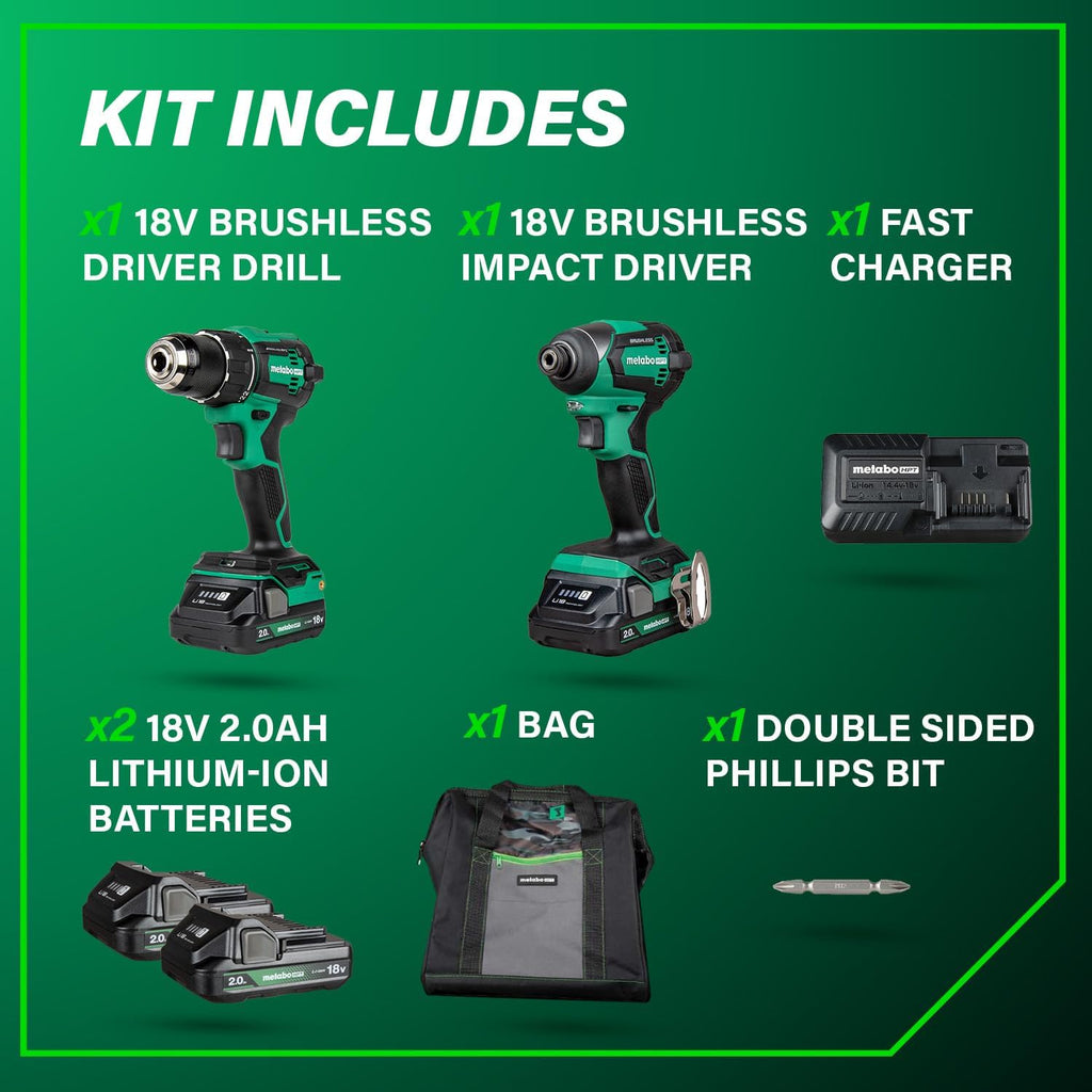 18V MultiVolt Cordless Brushless Driver Drill & Impact Driver Combo Kit, Power Tool Kit, 2 Lithium-Ion Metabo HPT