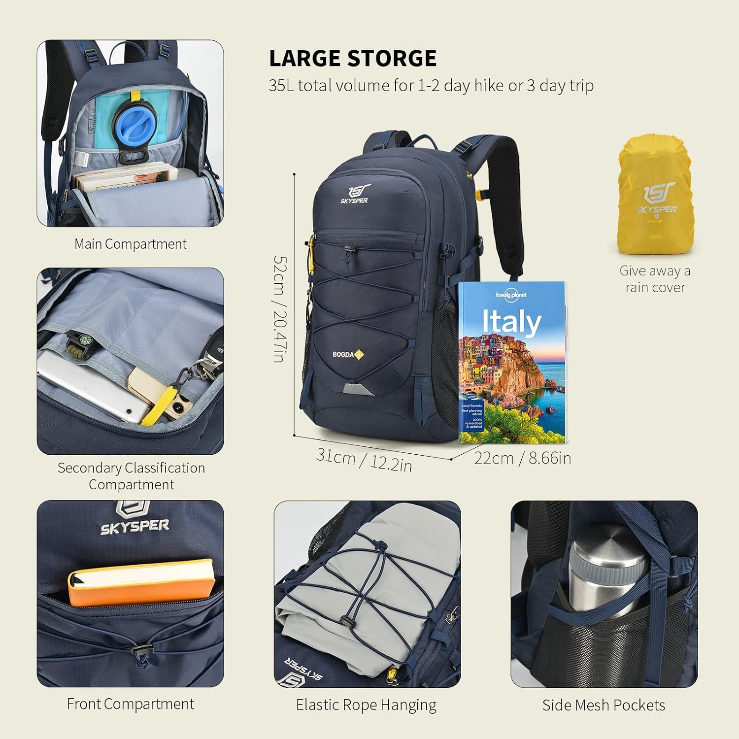 Hiking Backpack for Men Women, 35L Lightweight Travel Daypack, Outdoor Camping Back Pack with Multiple Compartments