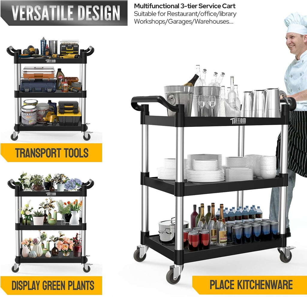 3-Tier Commercial Utility Cart with Wheels, Heavy Duty Rolling Plastic Service Cart, 390 lbs Capacity for