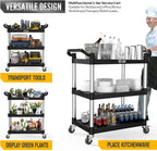 3-Tier Commercial Utility Cart with Wheels, Heavy Duty Rolling Plastic Service Cart, 390 lbs Capacity for