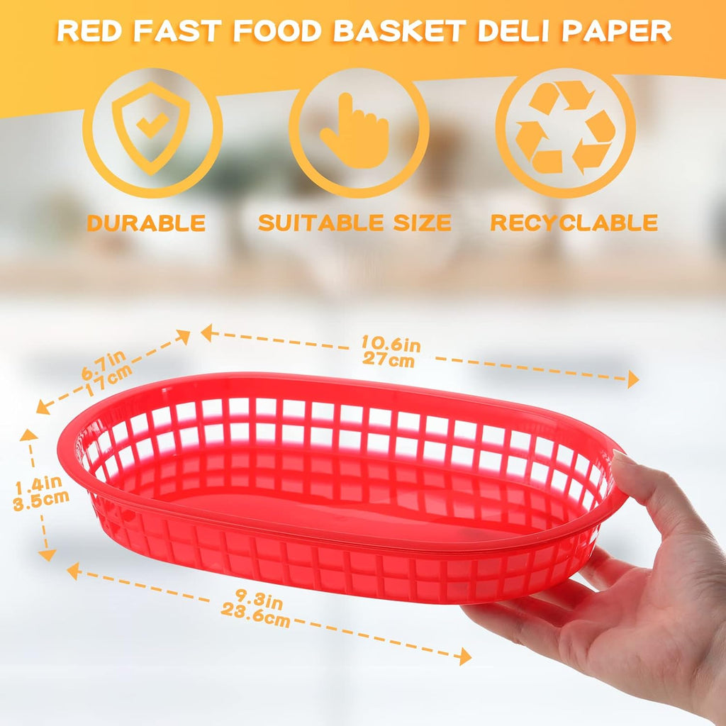 100 Pcs Red Plastic Food Baskets, 10.6x6.7" Oval Restaurant Tray