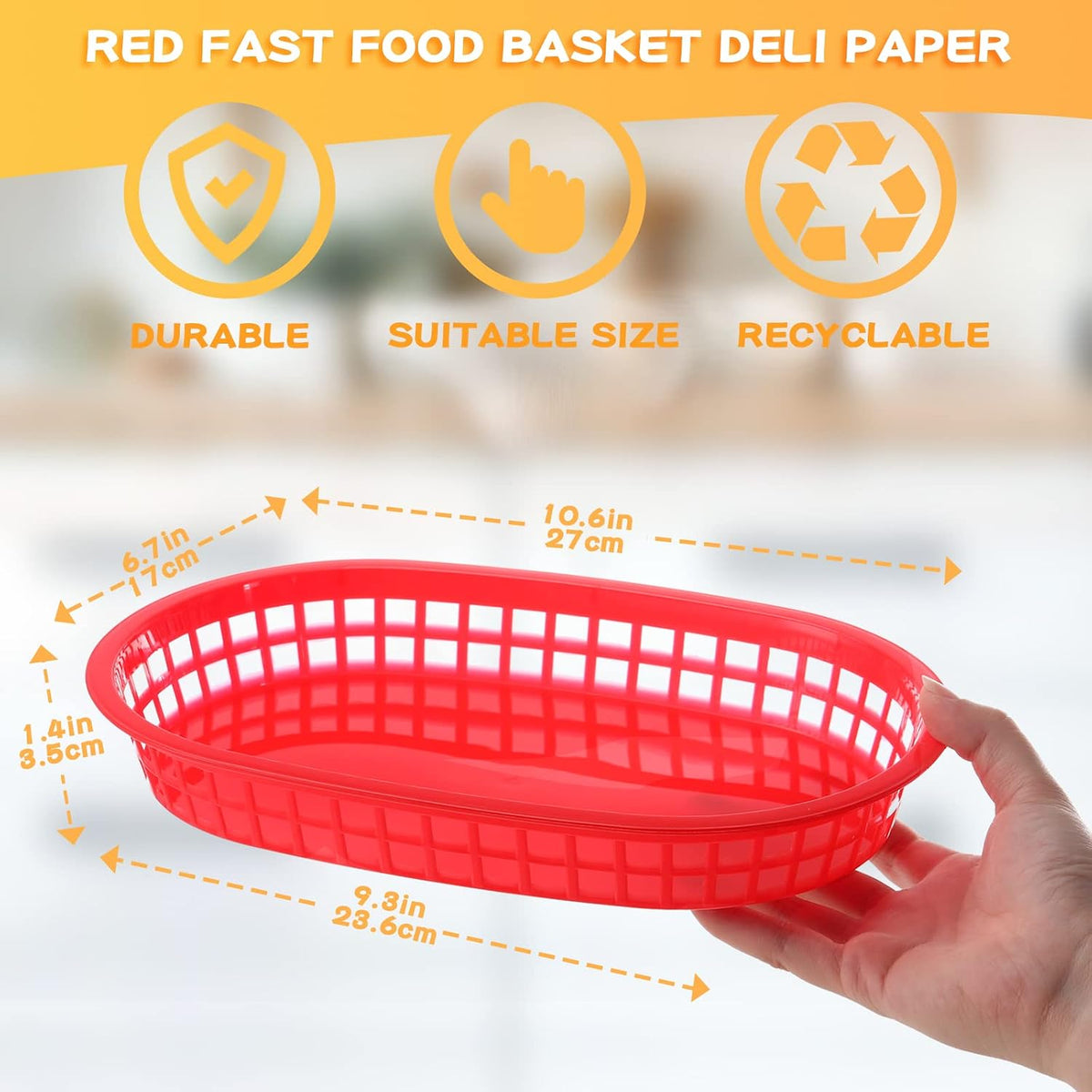 100 Pcs Red Plastic Food Baskets, 10.6x6.7" Oval Restaurant Tray
