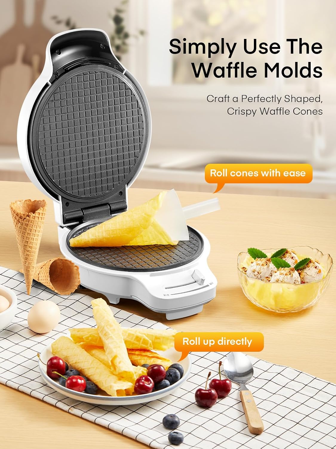Waffle Cone Maker Machine and Ice Cream Bowl Maker with Temperature Control, Double Side Nonstick Waffle Bowl Maker