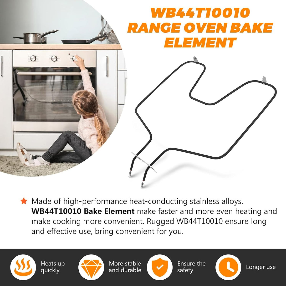 WB44T10010 Range Oven Bake Element by Blutoget-Fit for GE Spectra Oven Element Ken 911 Oven Bottom Heating Element 91195291990 JBS55WK2WW JBP62DM2BB JBP67BH1WH JBP64WB4WW Replaces 770549 AP2030996