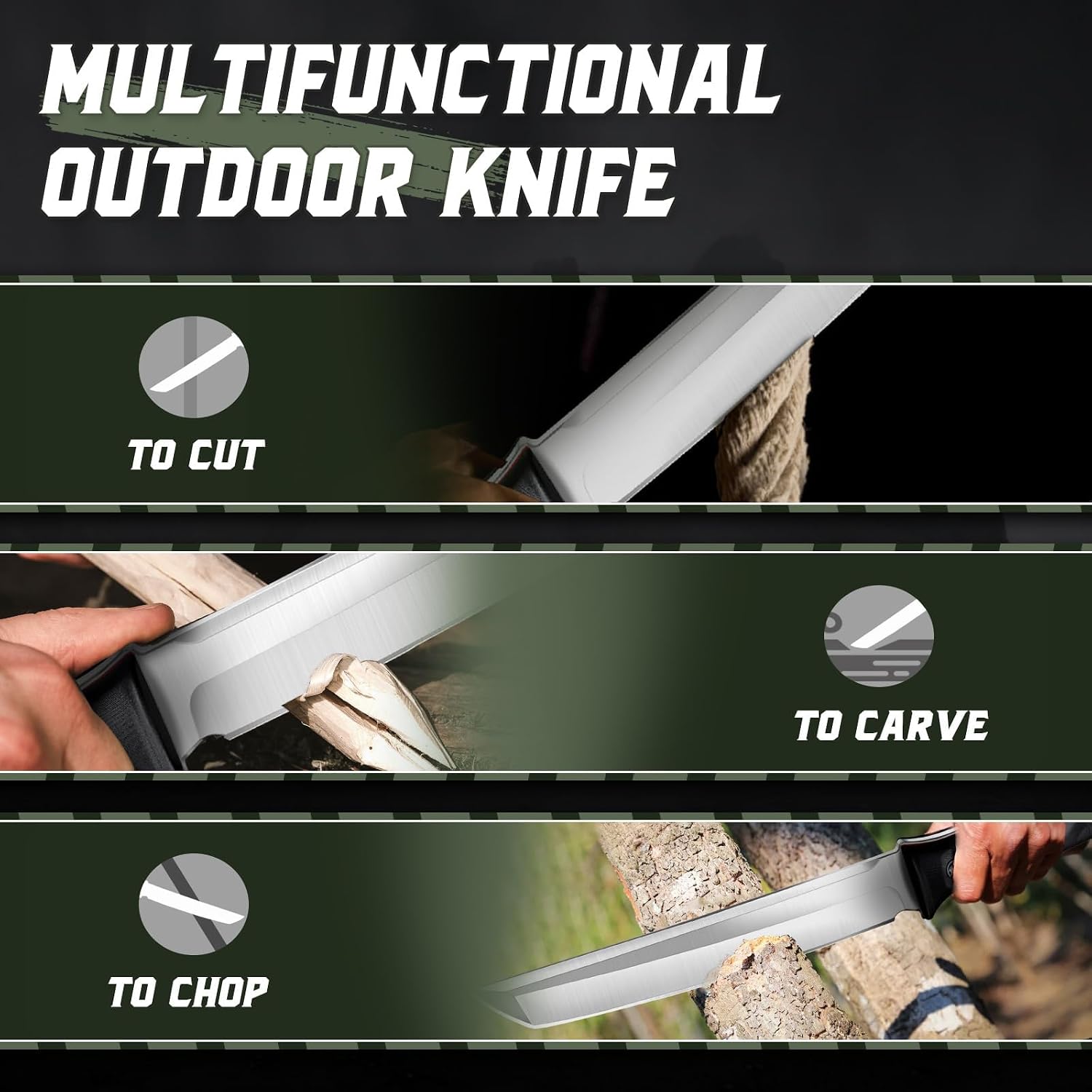 Tactical Knife Kydex - Outdoor Fixed Blade with Green Sheath | Full Tang Survival Knife Camping Hiking Gift Men