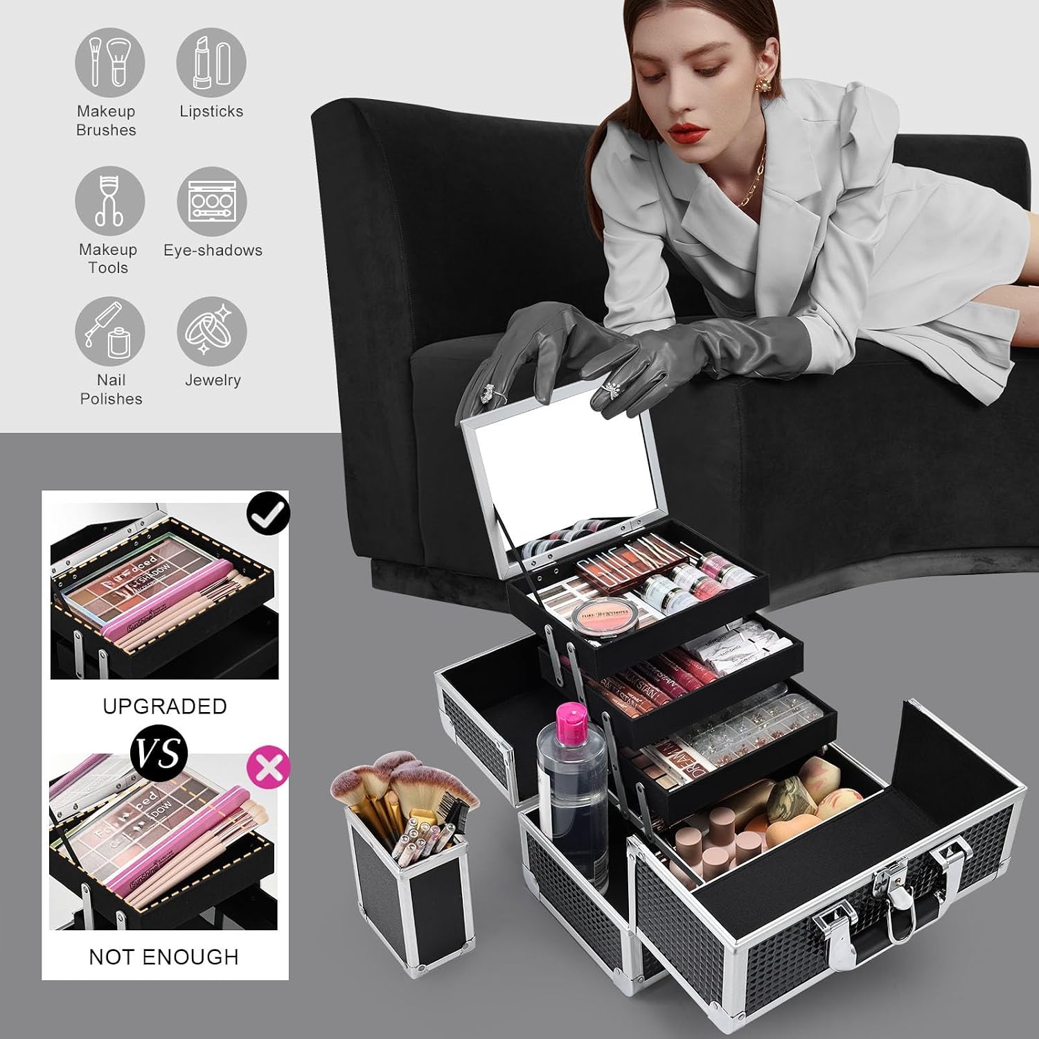 3-Tray Makeup Case with Mirror & Brush Holder, 11.6" Shine Black | Travel-ready makeup train case with lots of