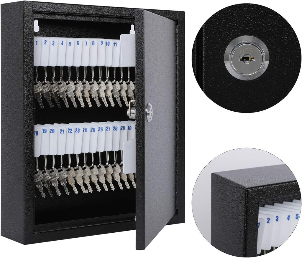 Key Lock Box, Wall Mount 60 Key Cabinet, Black | Numbered Key Storage Organizer, Secure Lock Box, Key Hooks & Labels