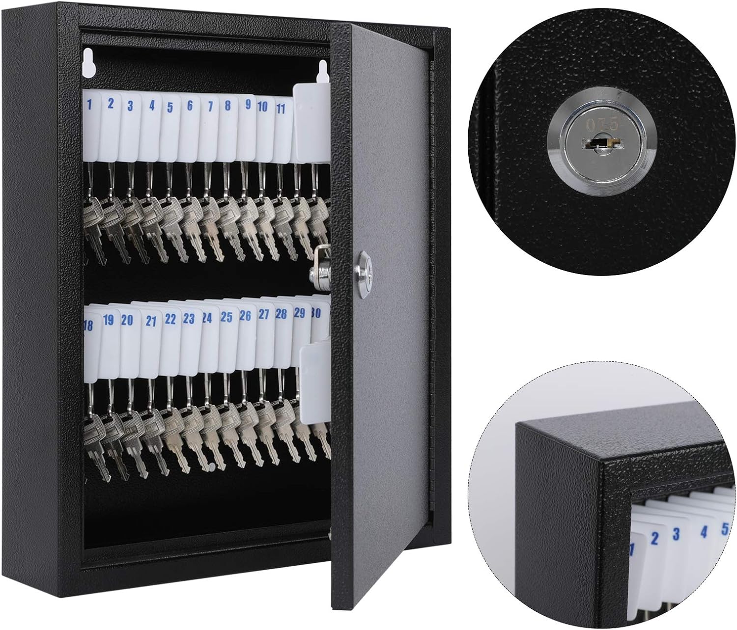 Key Lock Box, Wall Mount 60 Key Cabinet, Black | Numbered Key Storage Organizer, Secure Lock Box, Key Hooks & Labels