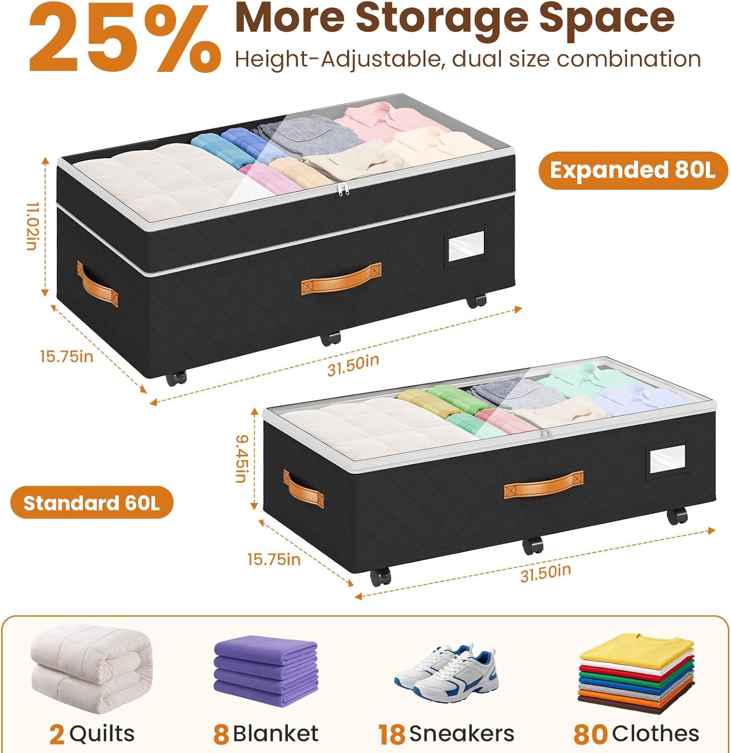 Under Bed Storage with Wheels 2Pack, 80L Height Adjustable Underbed Containers with Clear Lids, Rolling Under Bed