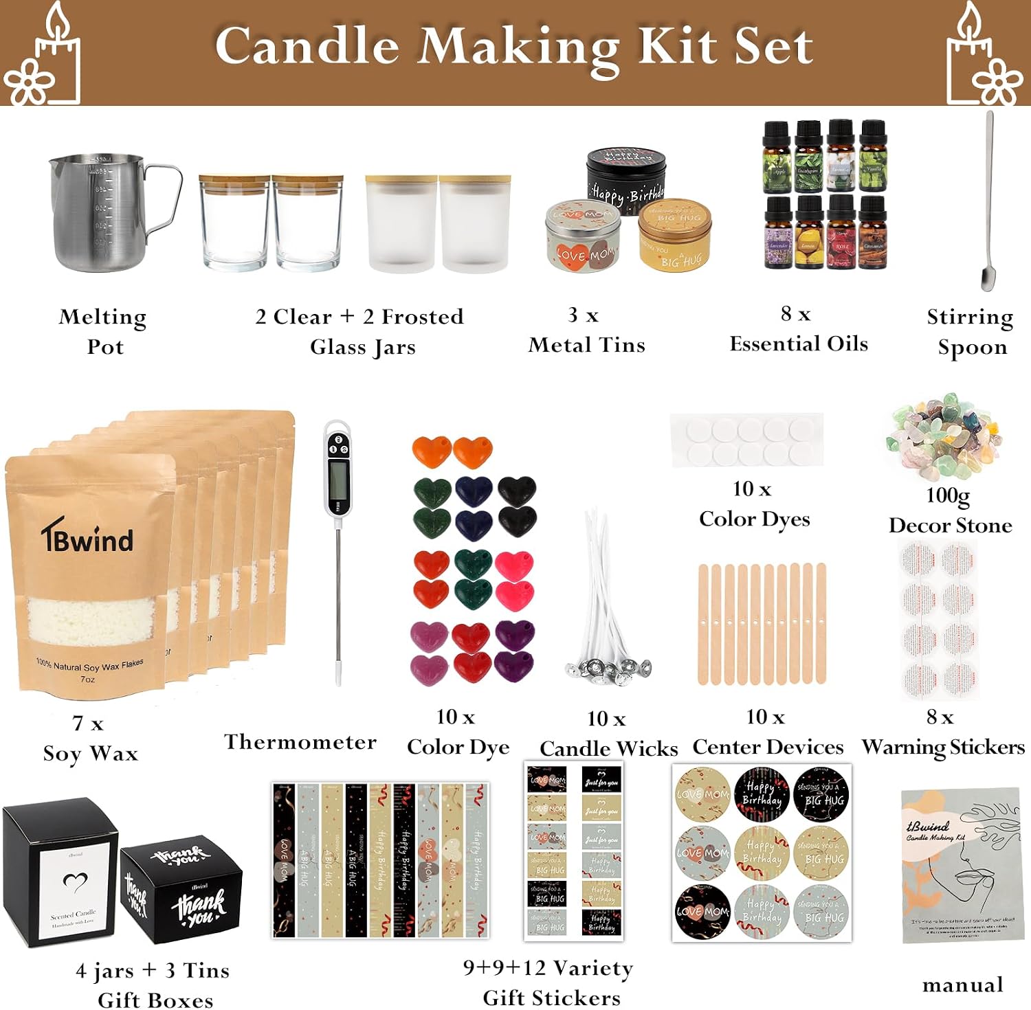Candle Making Kit, Soy Candle Making Supplies DIY Candle Craft Tools for Adults, Beginners with 8 Pleasant Scents