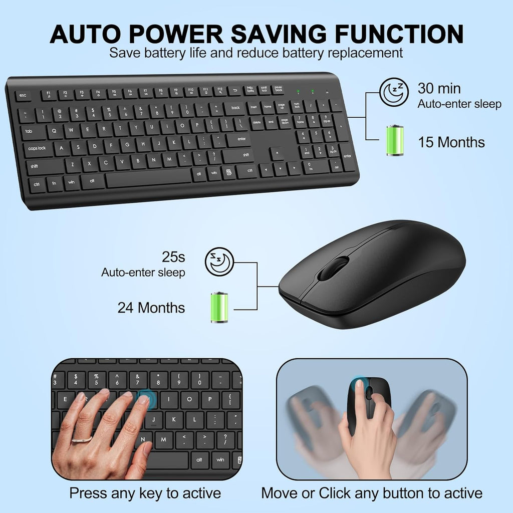 Wireless Keyboard and Mouse Combo, Full Size Silent Ergonomic Keyboard and Mouse, Long Battery Life, Optical Mouse