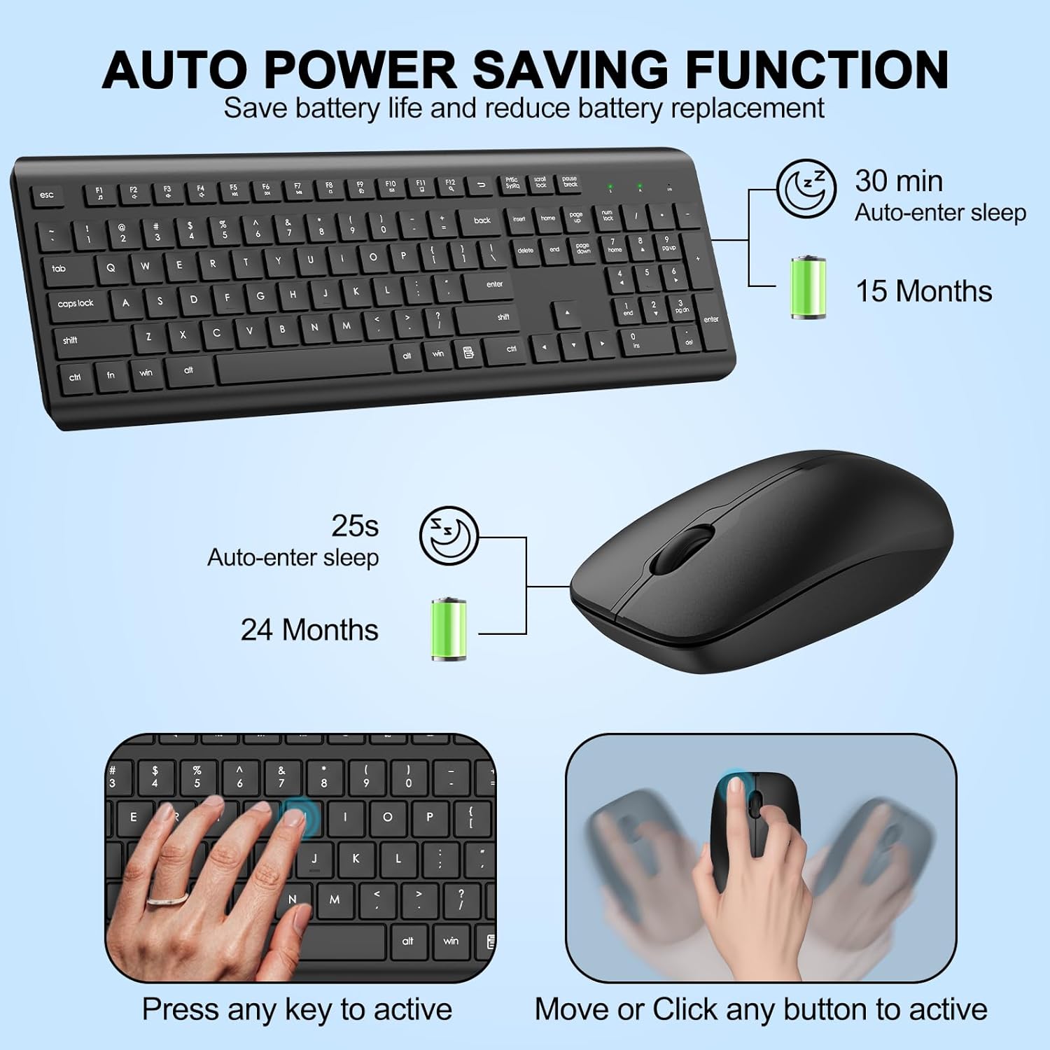 Wireless Keyboard and Mouse Combo, Full Size Silent Ergonomic Keyboard and Mouse, Long Battery Life, Optical Mouse