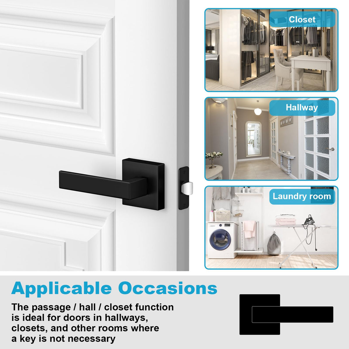 2 Pack Passage Door Levers, Matte Black Door Knobs Interior Square Door Handles, Heavy Duty Non-Locking Leversets