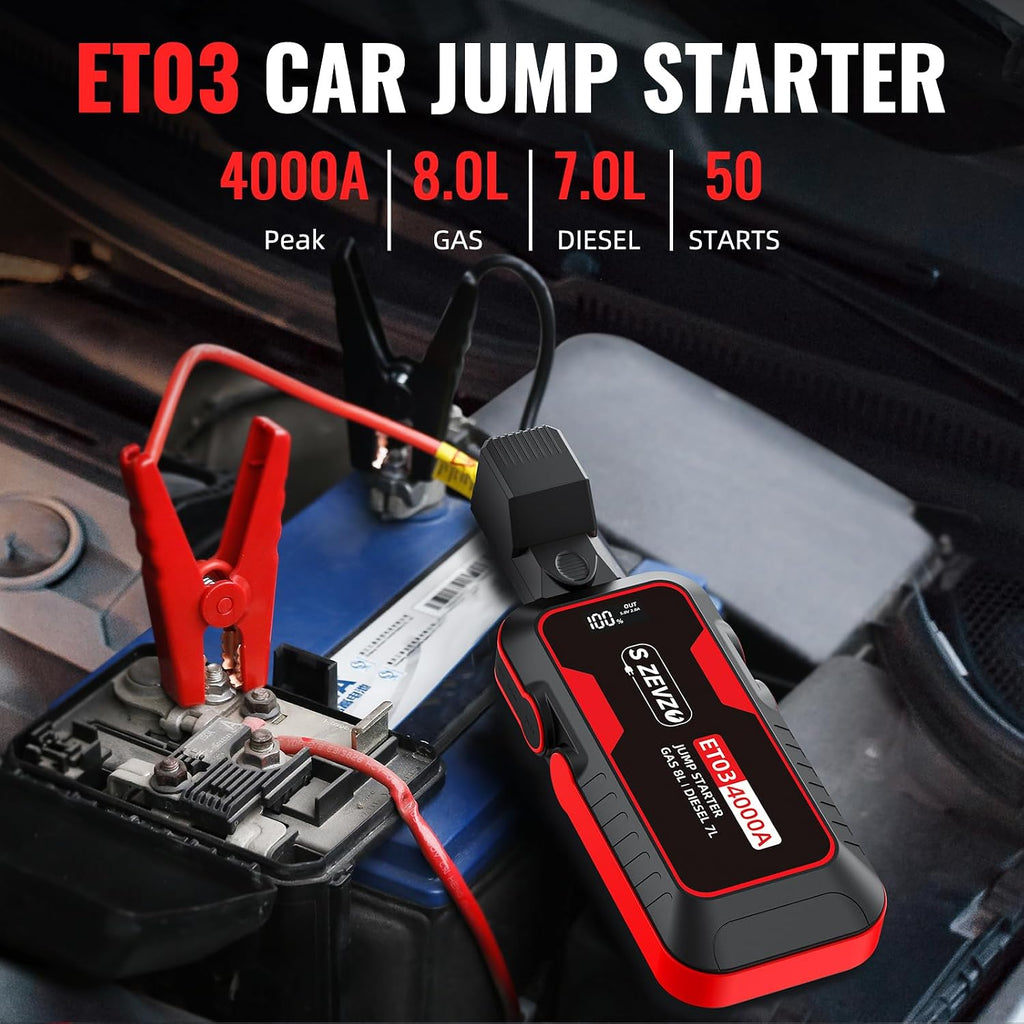 ET03 Car Jump Starter 4000A Jump Starter Battery Pack for Up to 8.0L Gas and 7.0L Diesel Engines, 74Wh Portable 12V