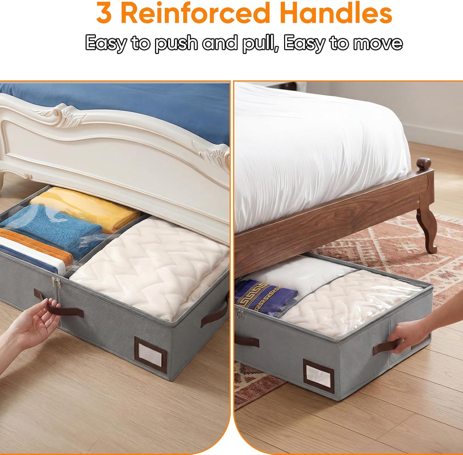 2 Pack 53L Under Bed Storage with Adjustable Dividers, 6" Low Profile Underbed Storage Bins for Comforters & Clothes