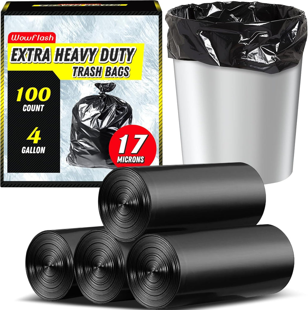 100 Count 17 Micron Extra Heavy Duty 4 Gallon Trash Bags, Sturdy & Tear-Resistant Small Trash Bags for Bathroom &