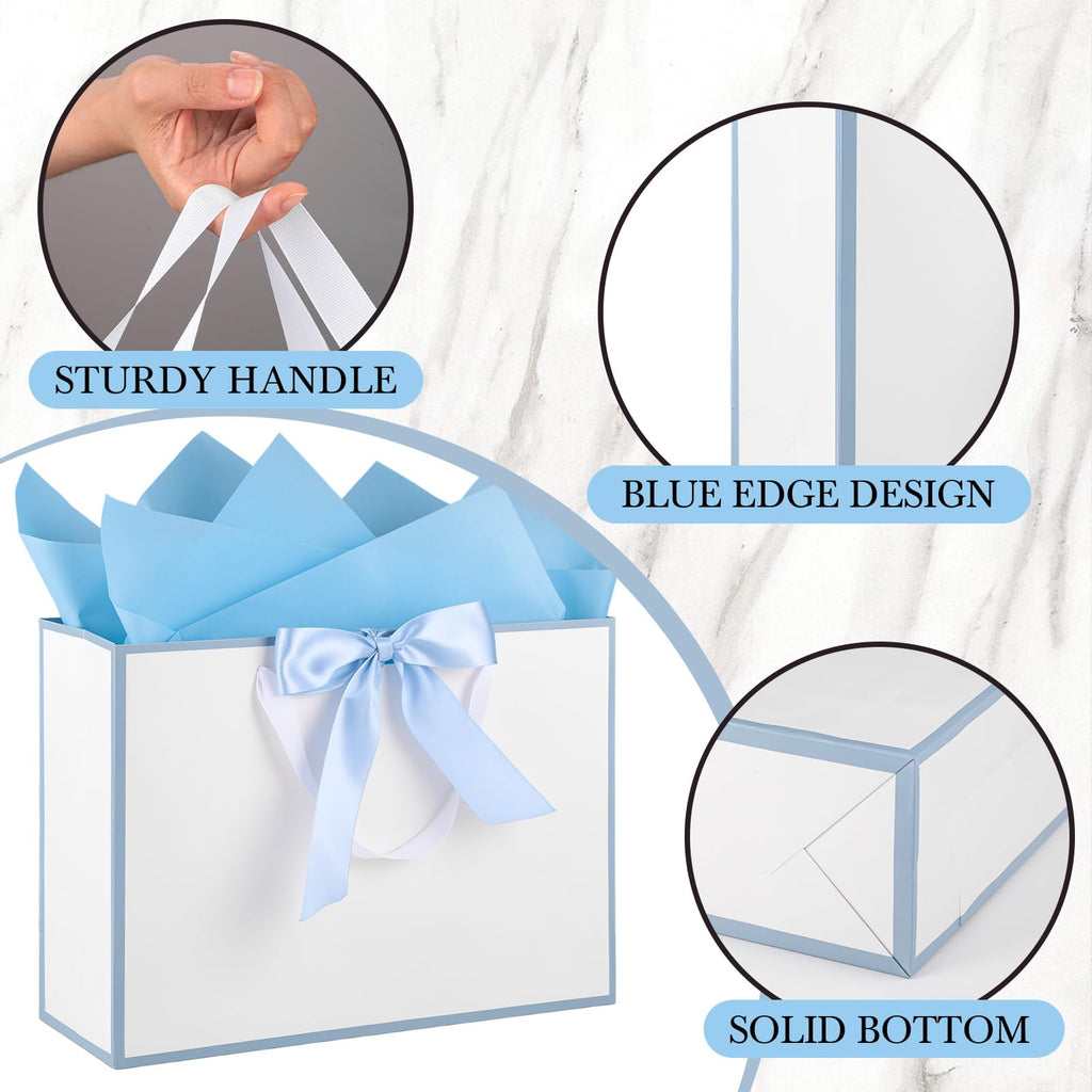 White Gift Bags with Handles, 14" Medium Gift Bag with Blue Edge
