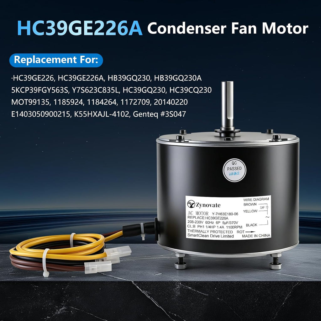HC39GE226A Condenser Fan Motor 1/4 HP 1100 RPM 208-230V 1.4A AC Fan Motor