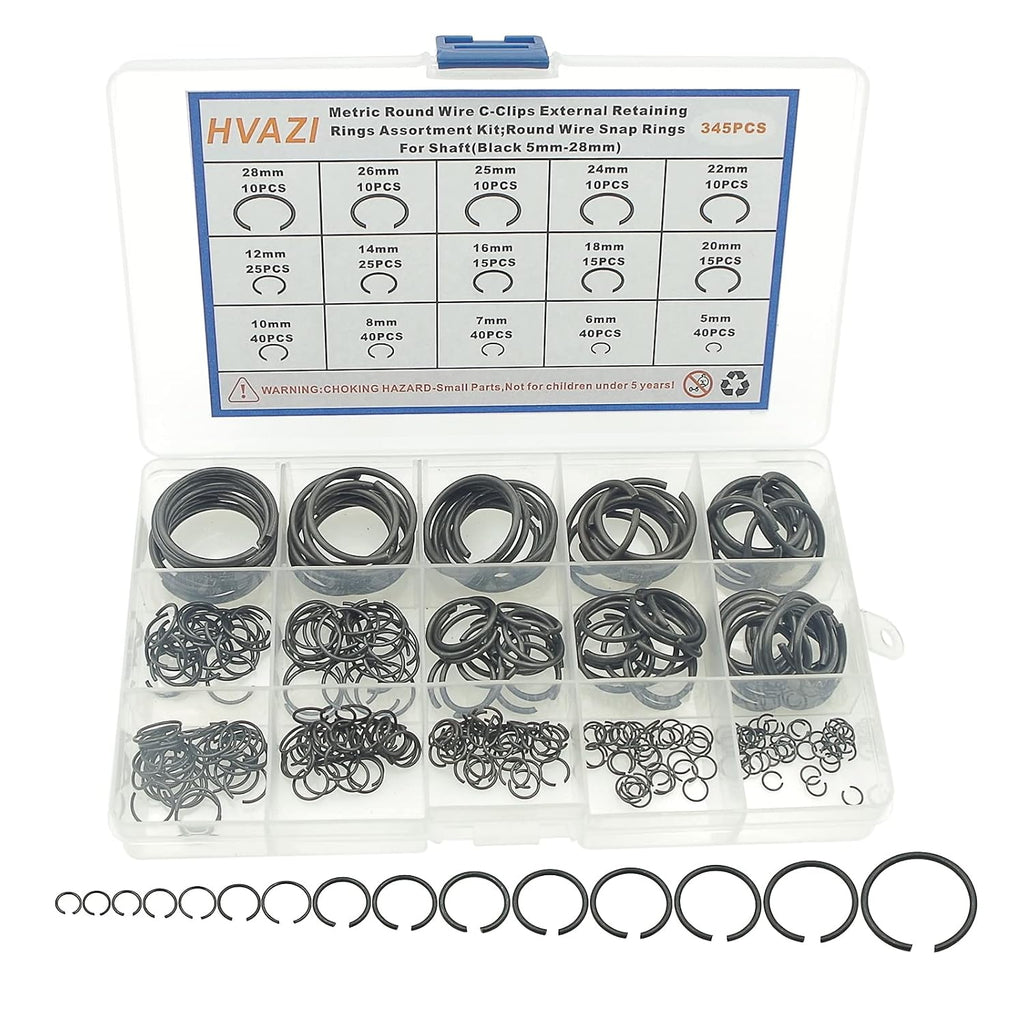 Metric 15-Sizes Round Wire C-Clips External Retaining Rings Kit
