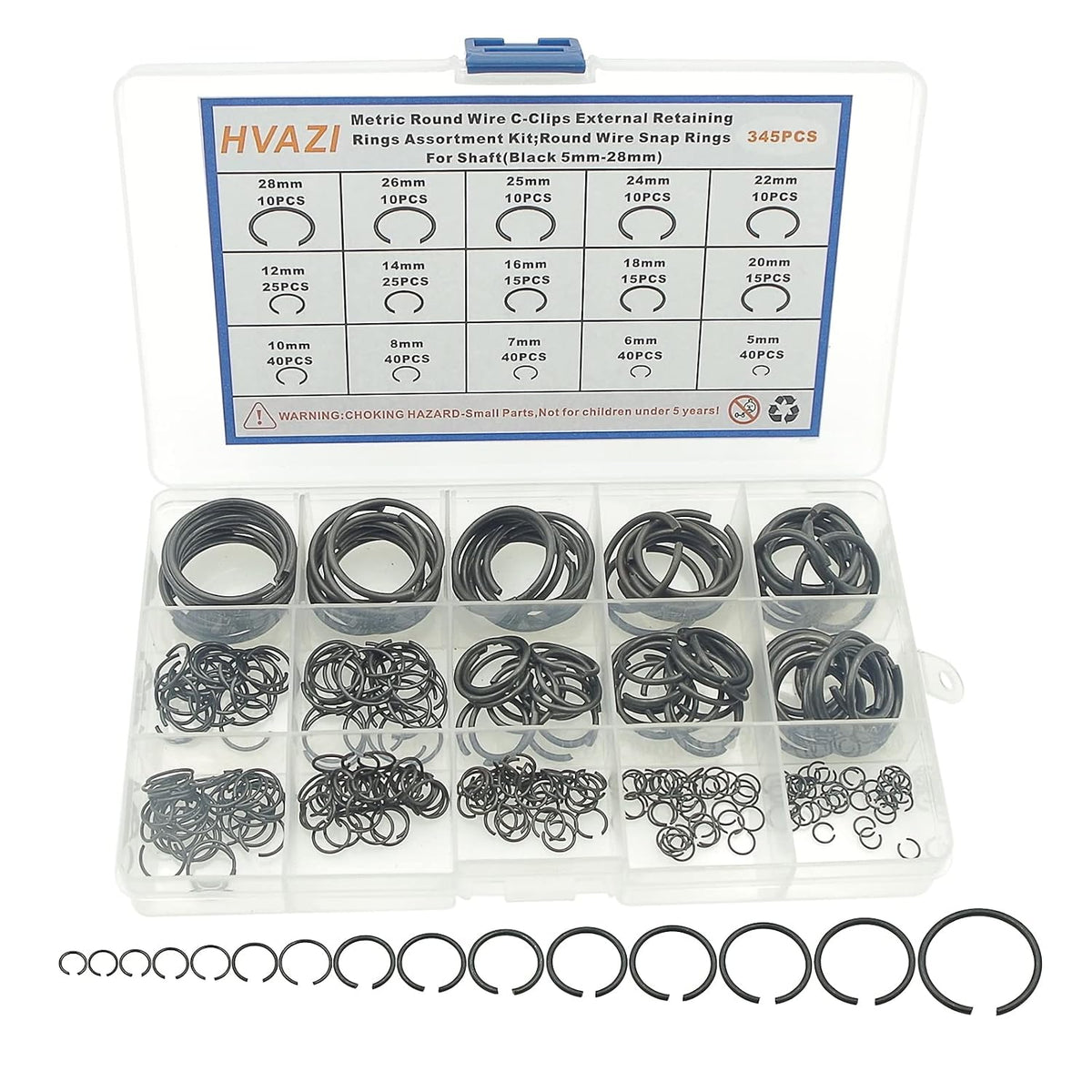 Metric 15-Sizes Round Wire C-Clips External Retaining Rings Kit