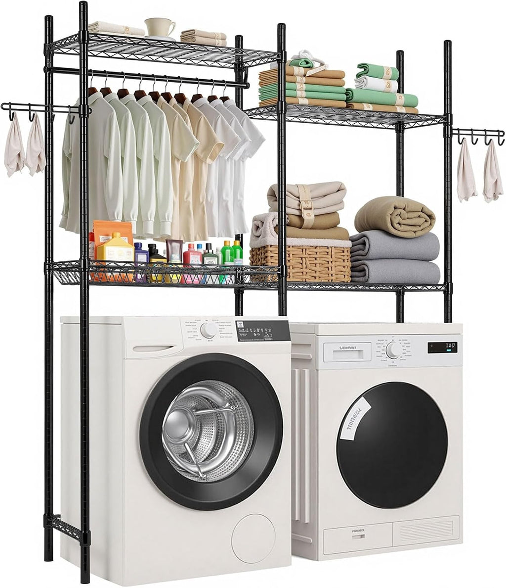 Over the Washer and Dryer Storage Shelf, 4 Tier Laundry Room Drying Rack with Hanger Rod and Hooks, Adjustable Over